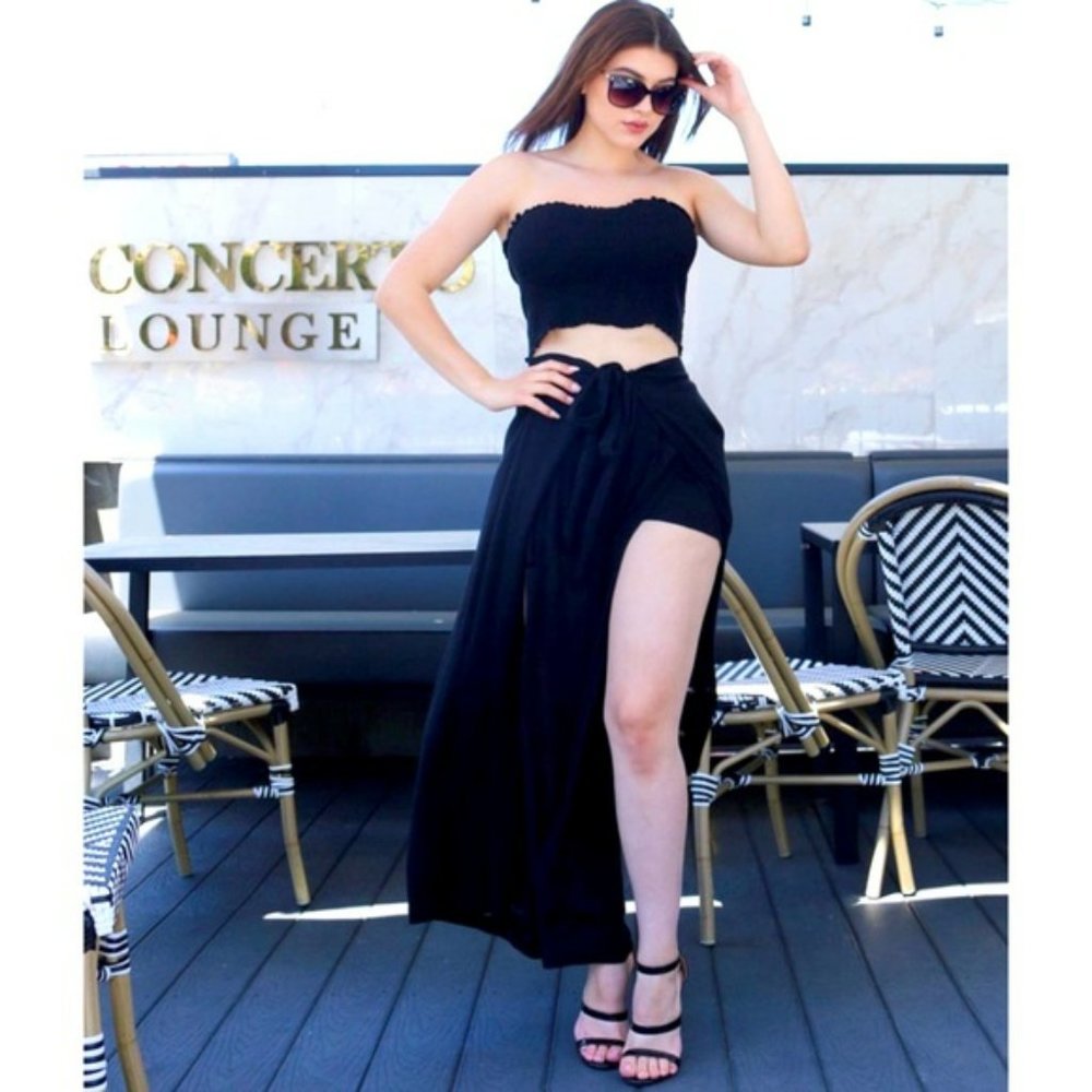 Black 2 Piece Spring Break/Summer Vacation Pant Set With Bandeau Tube Top